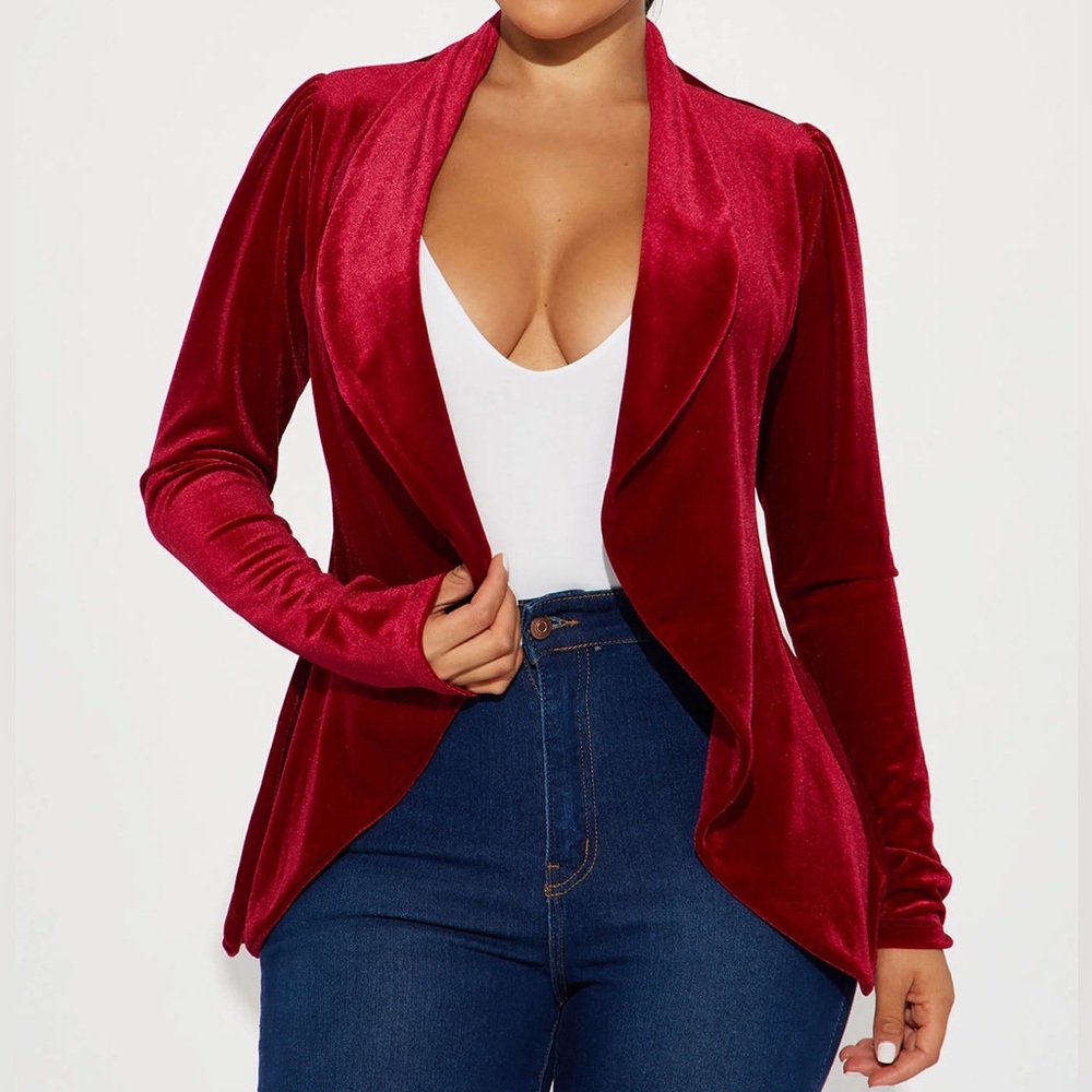 FASHION NOVA Red Velvet Open Waterfall Stretch Blazer fits like XS-S